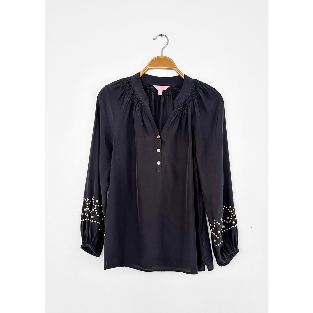 Lilly Pulitzer Elsa Black Silk Gold Stud Sleeve Top size XS
